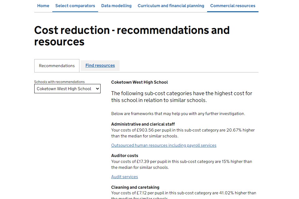 screen shot of commercial recommendations on gov.uk