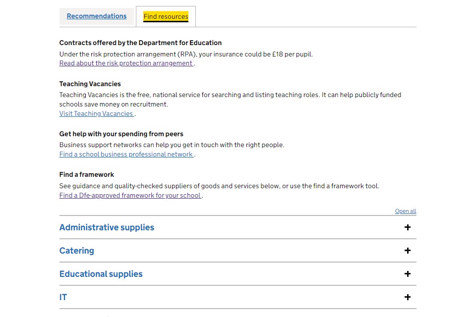 screen shot of commercial recommendations on gov.uk