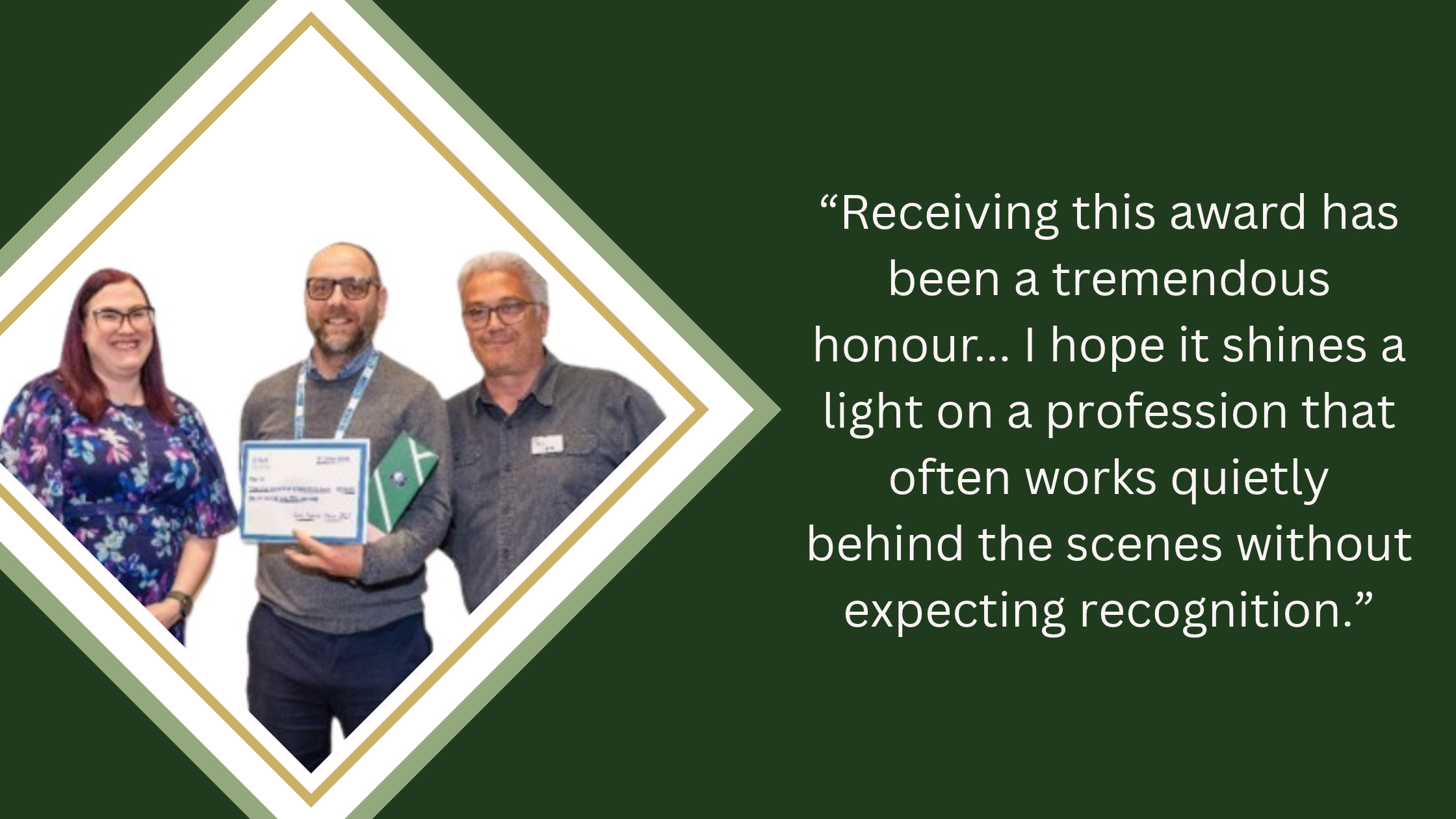 Visual on a green background including an image of Chris Bramall, Chris Bramall, School Business Manager at The Milford Academy, receiving his ABLE award alongside a comment from him which reads: "Receiving this award has been a tremendous honour... I hope it shines a light on a profession that often works quietly behind the scenes without expecting recognition."